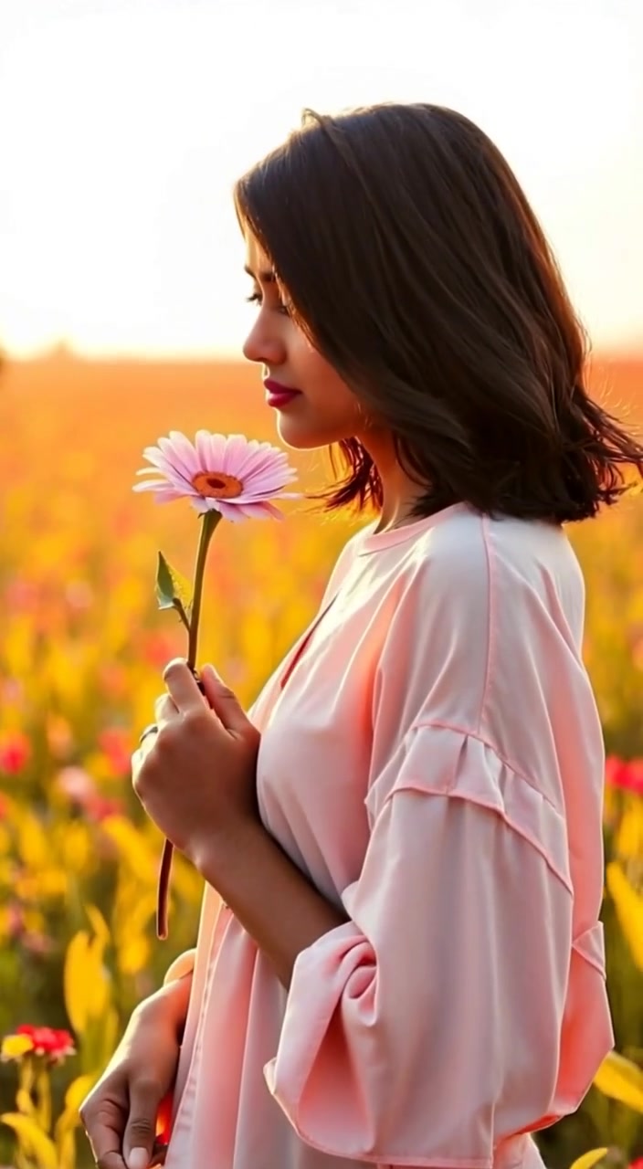 The woman gently sways the flower in her hand, surrounded by sun-soaked wildflowers in the open field.