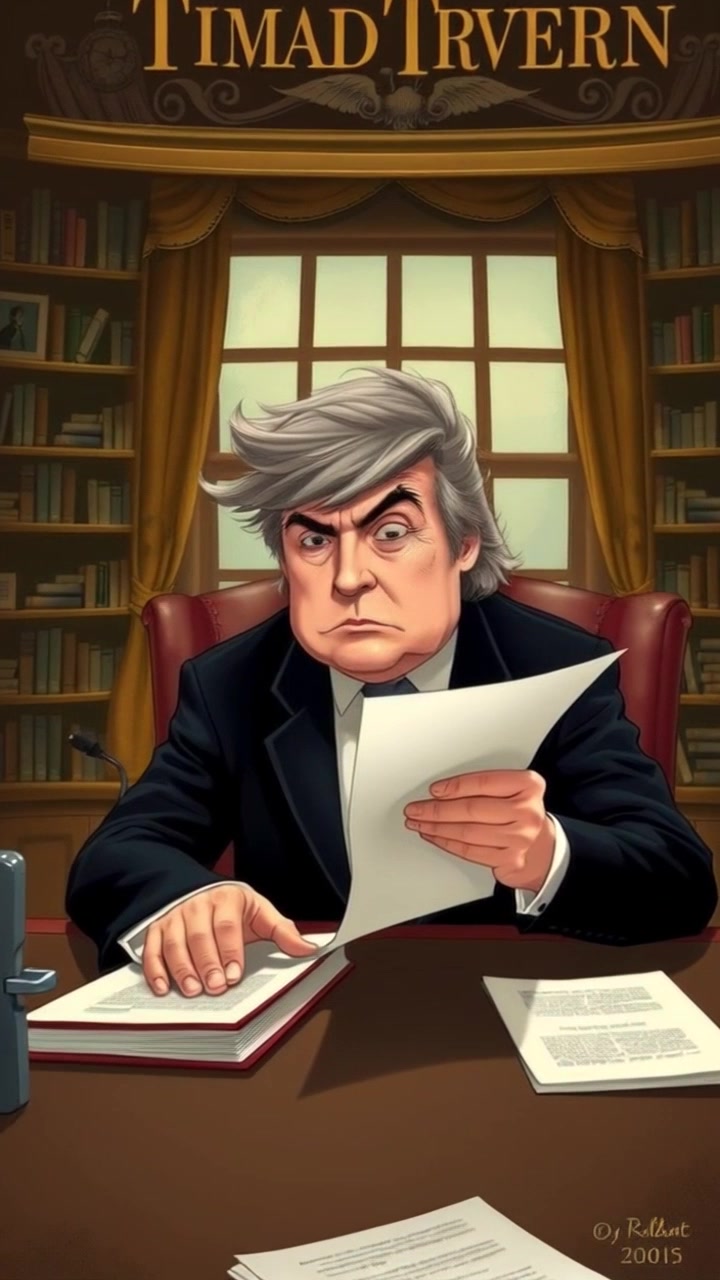 Subject: Donald Trump sitting at a large desk in the Oval Office, clad in a tailored suit and his signature red tie, facial features stern and focused. Subject Movement: Stillness. Scene: The iconic Oval Office with rich mahogany furniture and the presidential seal in the background. Camera Language: Slow push-in towards Trump at the desk, capturing the intensity of the moment. Lighting: Presidential office lighting casting dramatic shadows. Atmosphere: Serious, commanding presence in the seat of power.