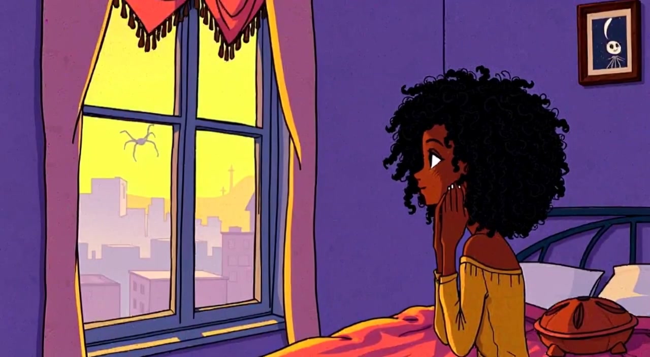 A woman kneels by the window, hands clasped, as sunlight filters gently through the curtains.