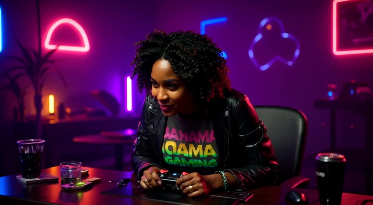 The woman leans forward, intensely focused on the screen, fingers moving naturally over the controller.
