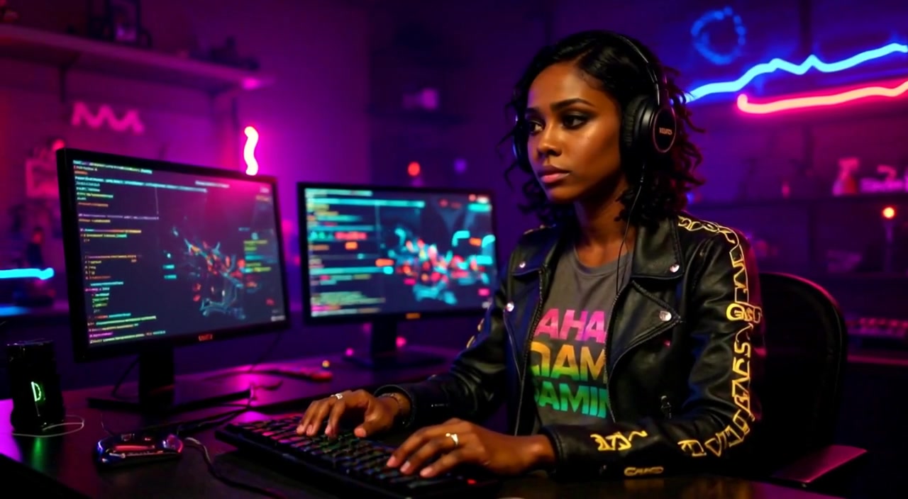 The woman intensely concentrates as colorful lights flicker around her vibrant gaming setup.