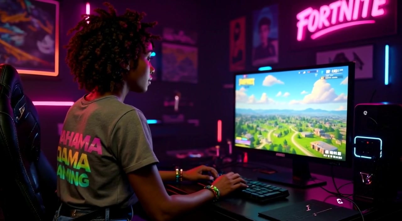 The woman leans forward, attentively watching the animated Fortnite landscape on the large monitor.