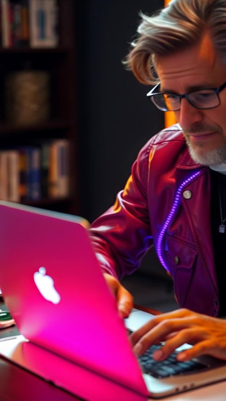 Subject: You, seated at a desk with a laptop displaying the Fampay app, your expression focused on the screen. Subject Description: Casual attire, laptop user interface visible, engrossed expression. Subject Movement: Stationary. Scene: Home office setting with a cluttered desk and personal items in the background. Scene Description: Cozy, personal home office ambiance with warm lighting and shelves filled with books and decor. Camera Language: Slow push-in towards you at the desk. Lighting: Soft, warm home office lighting. Atmosphere: Cozy, focused, personal.