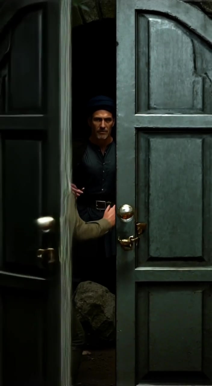 The man gently shuts the heavy cave door, echoing softly in the darkness.