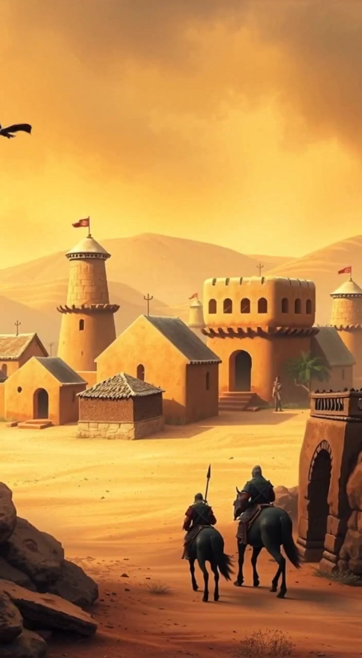 The wind gently sweeps through the village, rustling palm trees and creating ripples in the desert sand.