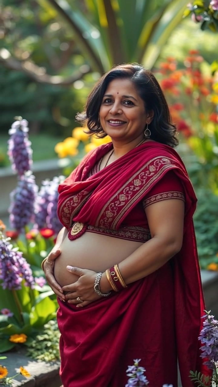 Subject: A woman cradling her expanding belly. Subject movement: She gently sways side to side, emanating joy and surprise. Scene: A peaceful garden filled with vibrant flowers, greenery, and soft sunlight filtering through leaves. Style: Warm, golden-hour lighting creating a serene atmosphere. Motion: Camera performs a slow, circular tracking shot around her, capturing her expression and the beauty of the garden.