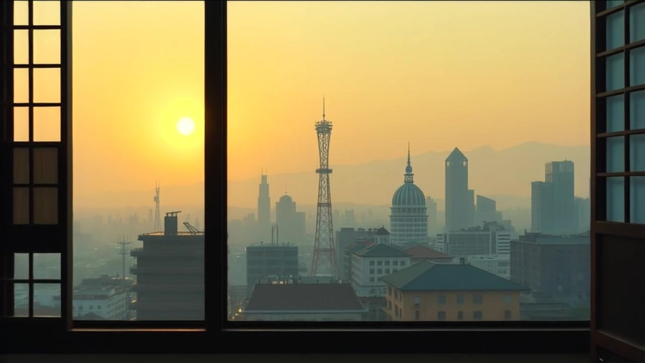 A view of Hiroshima in the early morning, with a soft glow of dawn illuminating the city.