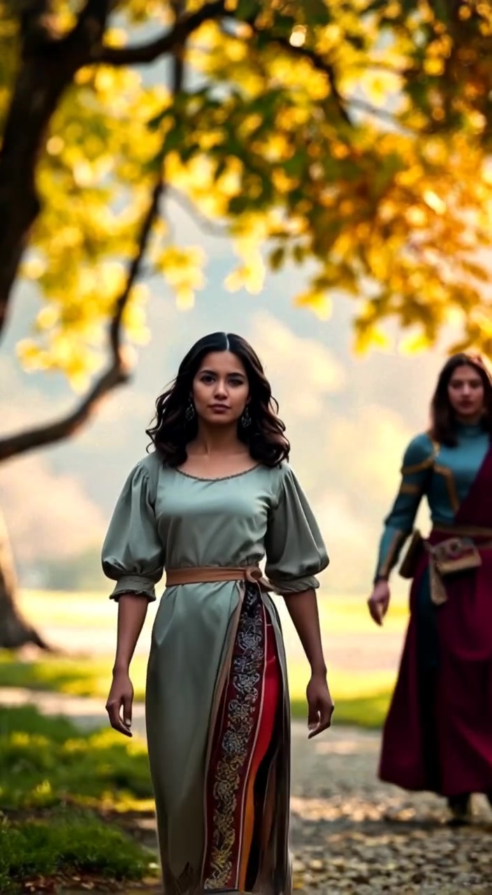 The woman strolls through the park, gently swinging her hand and occasionally glancing at the blurred figure behind her.