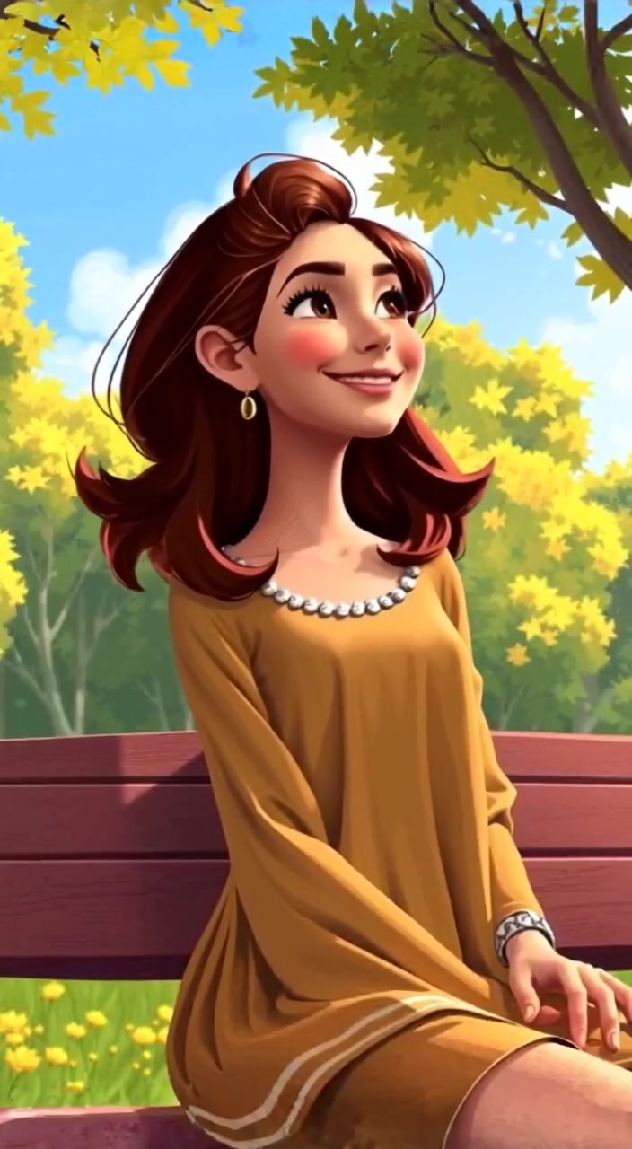 The woman gently gazes up at the sky, her smile bright against the backdrop of swaying trees.