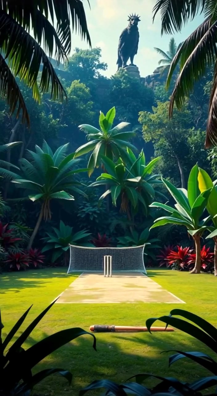 A gentle breeze sways the tall tropical plants in the jungle clearing, while crickets chirp softly in the background.