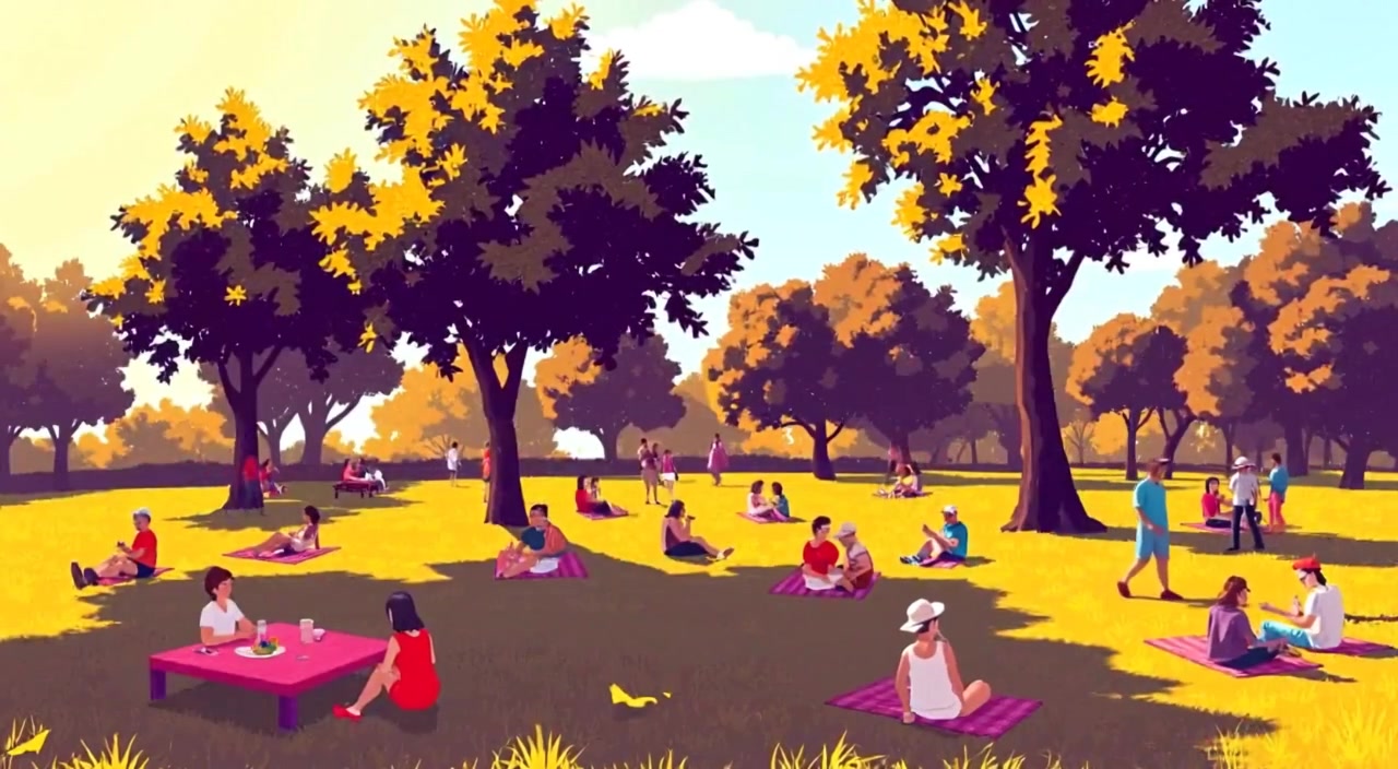 A gentle breeze rustles the leaves of the trees as people enjoy a leisurely picnic on the sunlit grass.