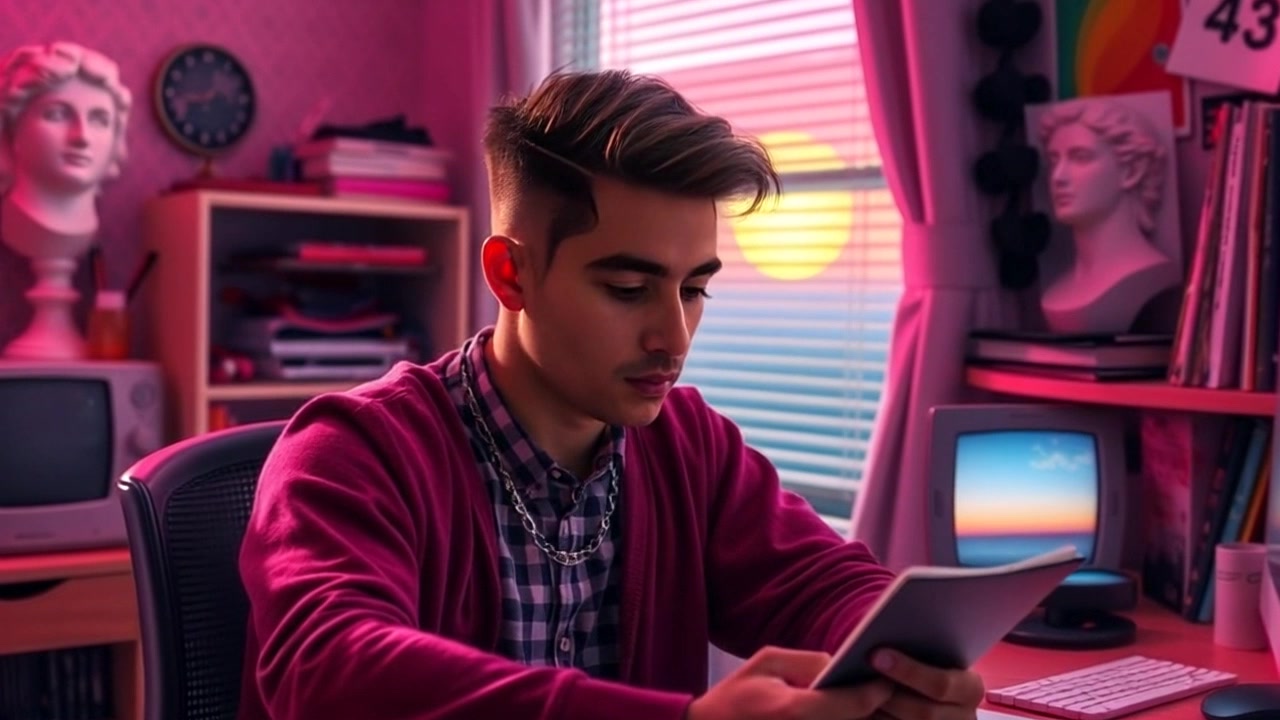 Subject: A teenage boy named Alex with a casual build and messy hair, wearing a graphic t-shirt and jeans, focused on a notebook at a cluttered desk. Subject Movement: Stillness. Scene: A cluttered bedroom with scattered books, posters on the walls, and a window revealing a glimpse of outside. Camera Language: Slow push-in towards Alex at the desk. Lighting: Soft ambient light filtering through the window. Atmosphere: Cozy and introspective.