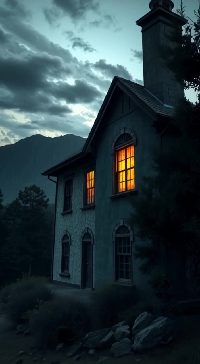 Shadows gently shift across the cracked walls of the old house as leaves rustle in the twilight breeze.