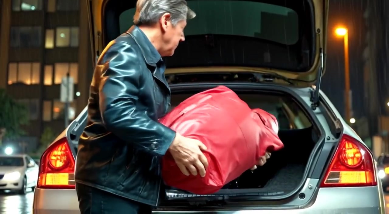 The man slowly lifts a heavy bag and carefully places it into the trunk of a car.