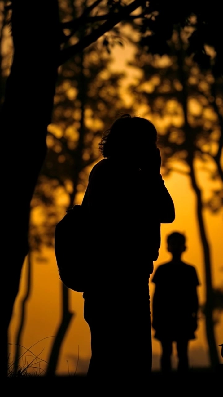 Subject: A worried mother with tangled, unkempt hair, wearing a worn-out pink sweater and jeans, with furrowed brows and hands cupped around her mouth. Subject movement: Standing still at the edge of the forest, calling out in concern. Scene: Dense forest backdrop with tall trees and a hint of mist in the air. Camera language: Slow zoom towards the worried mother, capturing her anxious expression. Lighting: Soft morning light filtering through the canopy, casting a gentle glow on her worried face. Atmosphere: Anxious and tense mood as the camera focuses on the mother's distress.