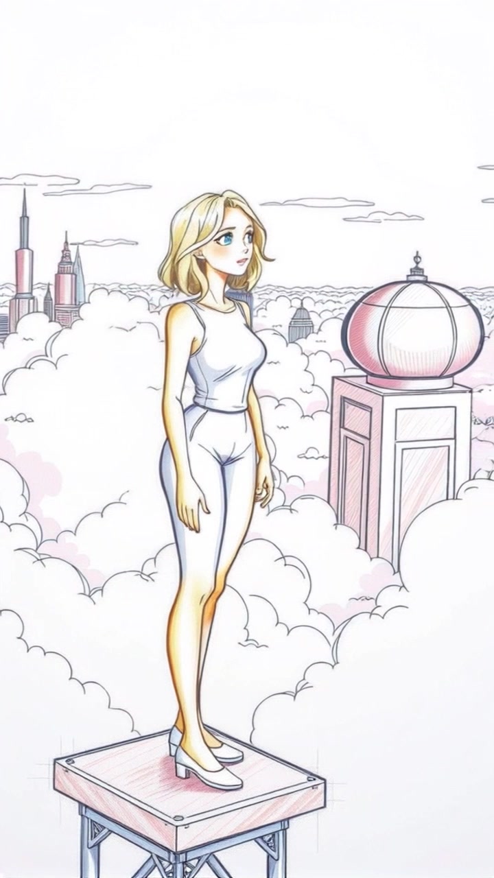 Subject: Luna standing on a floating platform. Subject movement: She gazes out toward her cloud city with excitement, her hair gently flowing in the breeze. Scene: A surreal, fantastical cloud city with fluffy clouds and vibrant colors in the background. Lighting: Soft, ethereal light illuminating the clouds, creating a magical atmosphere. Motion: The camera slowly pans around Luna, capturing her expression and the vast, dreamy landscape of the city beneath the clouds.