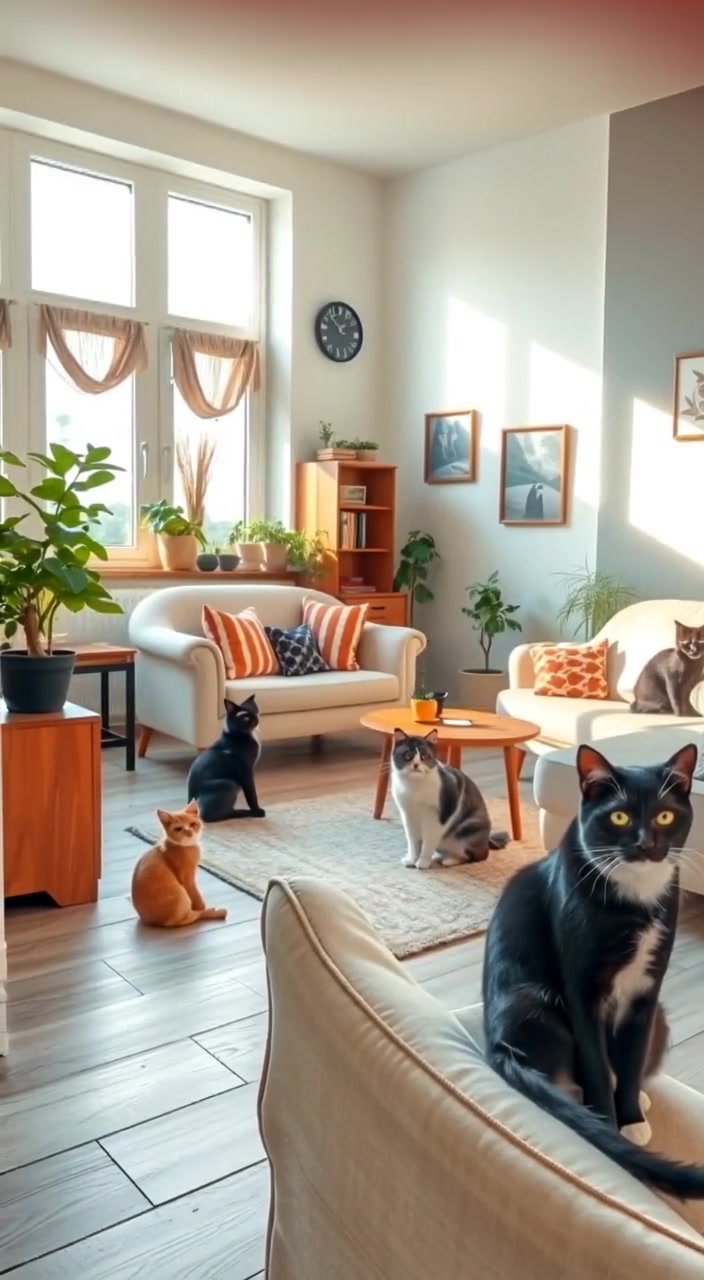 Sunlight gently shifts across the well-decorated living room, illuminating the chic sofa and vibrant decorative plants.