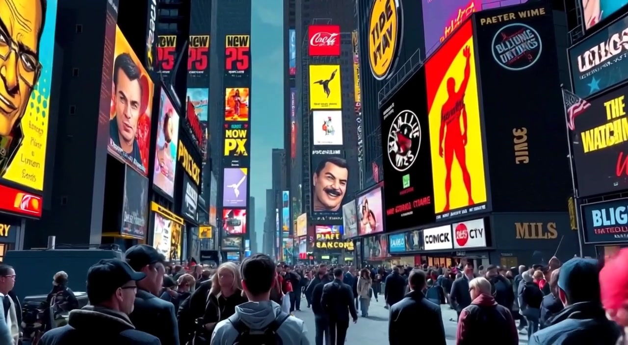 Crowds gently move through Times Square, captivated by the glowing digital advertisements surrounding them on all sides.