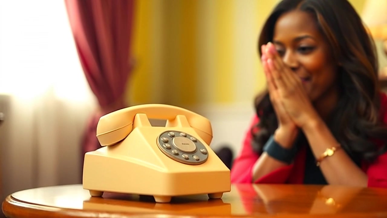 Scene: A close-up of a vintage telephone resting on a well-worn wooden table, the receiver slightly lifted as lively conversation ensues. Style: Warm, cozy lighting illuminating the table's texture, creating an inviting atmosphere. Motion: The camera pushes in towards the telephone, capturing the delicate details of the receiver and the surrounding elements, then smoothly pulls back to reveal the entire setting.