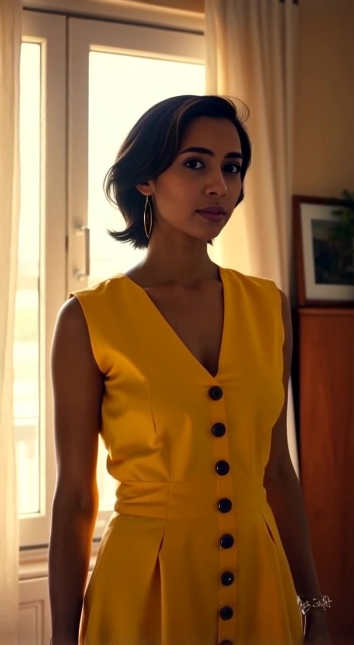 The woman gazes confidently out the window as sunlight gently warms the room.