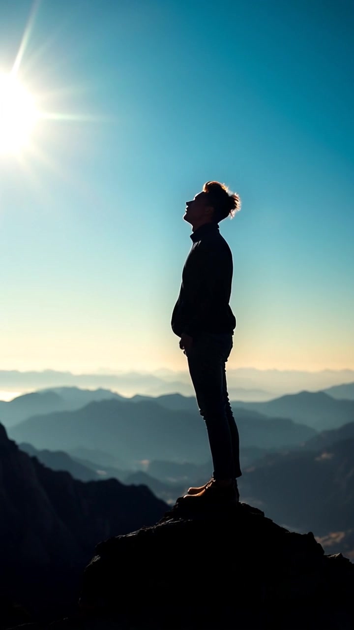 Subject: A person standing on a mountain peak. Subject movement: The person inhales deeply, taking in the fresh mountain air, and slowly raises their arms as if embracing the vast landscape. Scene: A breathtaking mountain landscape under a clear blue sky, with rugged peaks stretching far into the horizon. Style: Bright, daylight lighting enhancing the vibrant colors of the scenery, evoking a sense of freedom and serenity. Motion: The camera begins with a close-up on the person, then pulls back in an aerial shot to reveal the expansive mountain range around them.