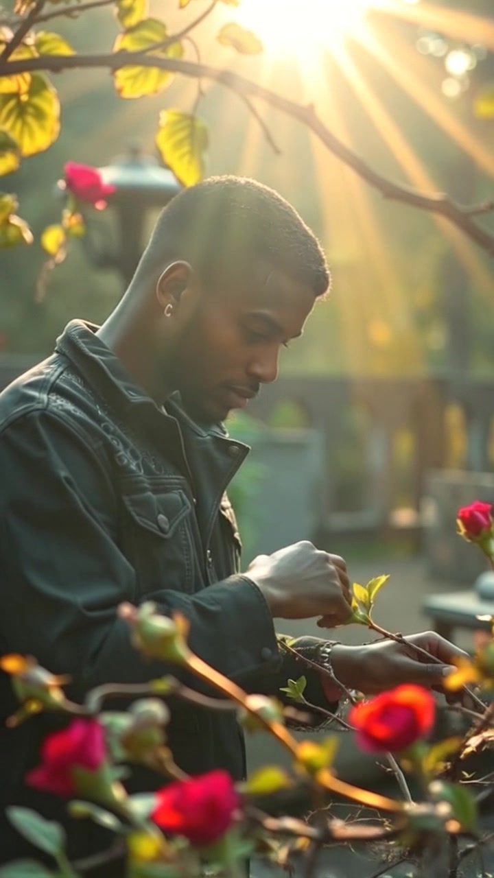 Subject: A focused individual tending to a vibrant garden. Subject movement: The individual gently prunes the plants with deliberate motions. Scene: A serene garden dappled with sunlight filtering through lush trees, surrounded by colorful flowers and greenery. Style: Warm, inviting sunlight enhances the natural colors of the garden. Motion: The camera slowly dollies in on the gardener, capturing the tranquility of the scene with soft, smooth movements.