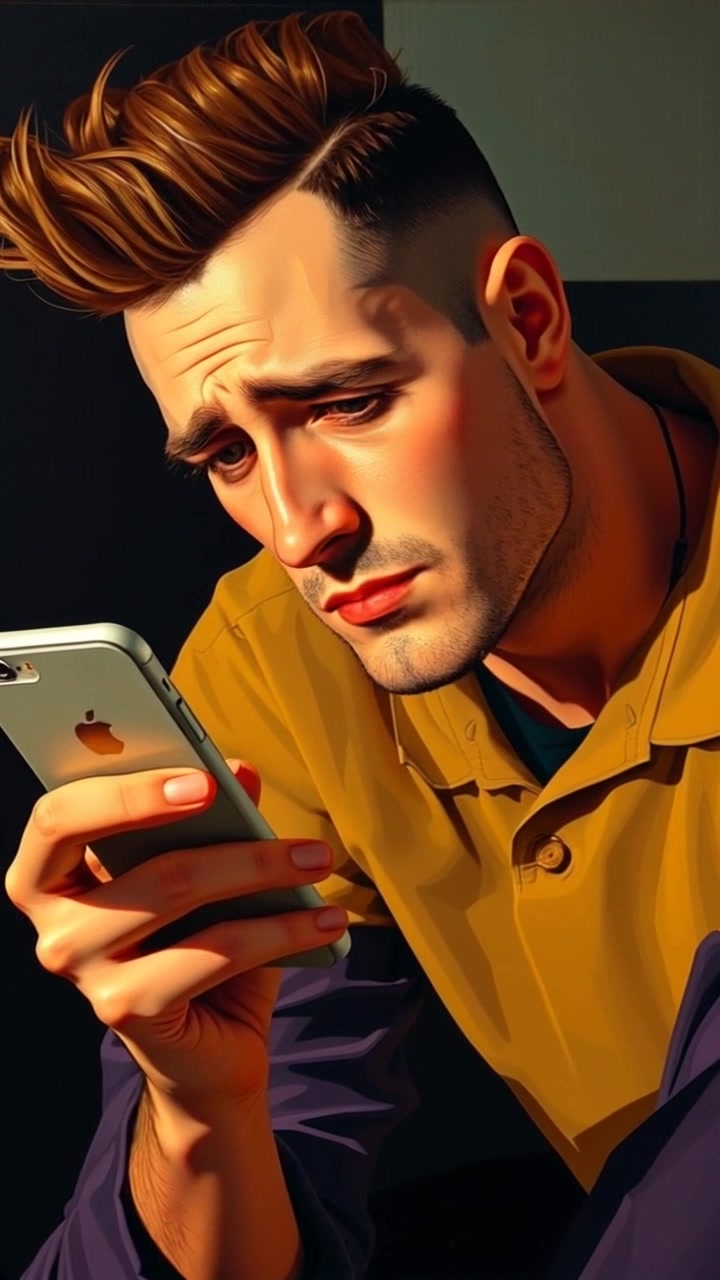 Subject: A man with a tense expression, holding a phone and scrolling through messages in a dimly lit room. Subject Description: Anxious facial expression, holding a phone, solitary posture. Subject Movement: Minimal movement, focused on scrolling through messages. Scene: Dark room setting with minimal ambient light casting shadows. Style: Low-key lighting with shadows enhancing the sense of isolation. Camera Language: Slow push-in towards the man, emphasizing his expression of anxiety. Lighting: Dim, low-key lighting creating shadows and highlights. Atmosphere: Tense, isolated mood.