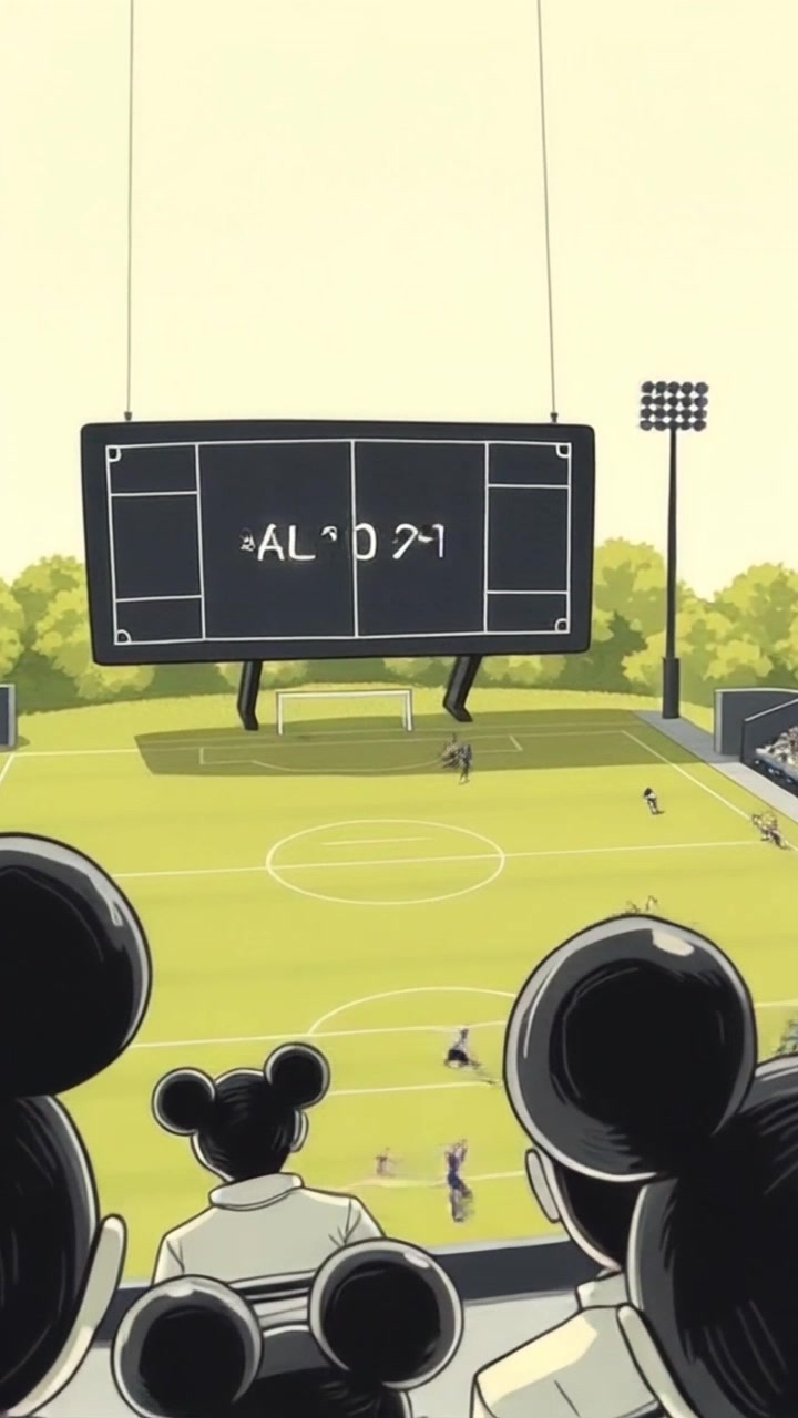 A close-up shot of a scoreboard showing a tie during a championship game, with fans in the background holding their breath.