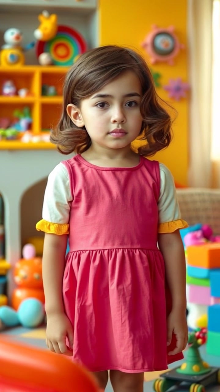 Subject (A small girl named बच्ची, wearing a bright colored dress) + Subject movement (stands still) + Scene (Colorful room filled with toys) + Camera Language (Slow zoom in, 360-degree pan) + Lighting (Soft light filtering through windows) + Atmosphere (Playful and cheerful)