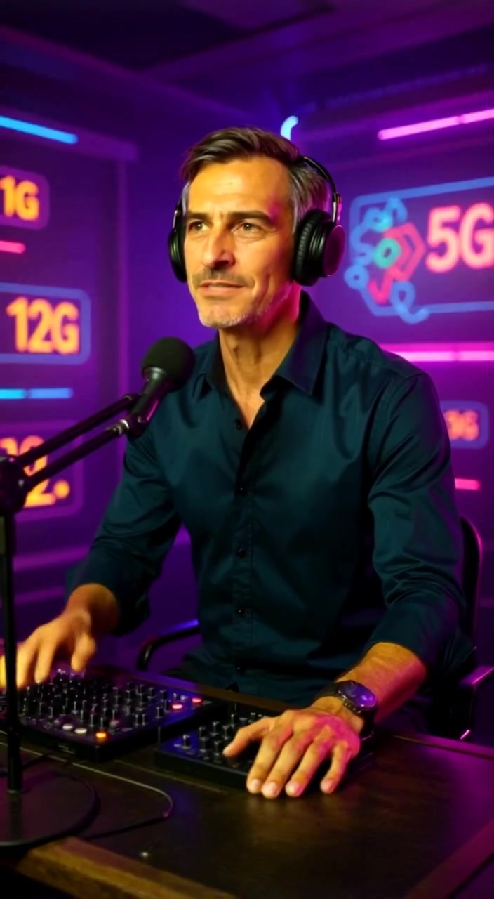 The man speaks thoughtfully into the microphone, sound equipment softly glowing around him in the dimly lit studio.