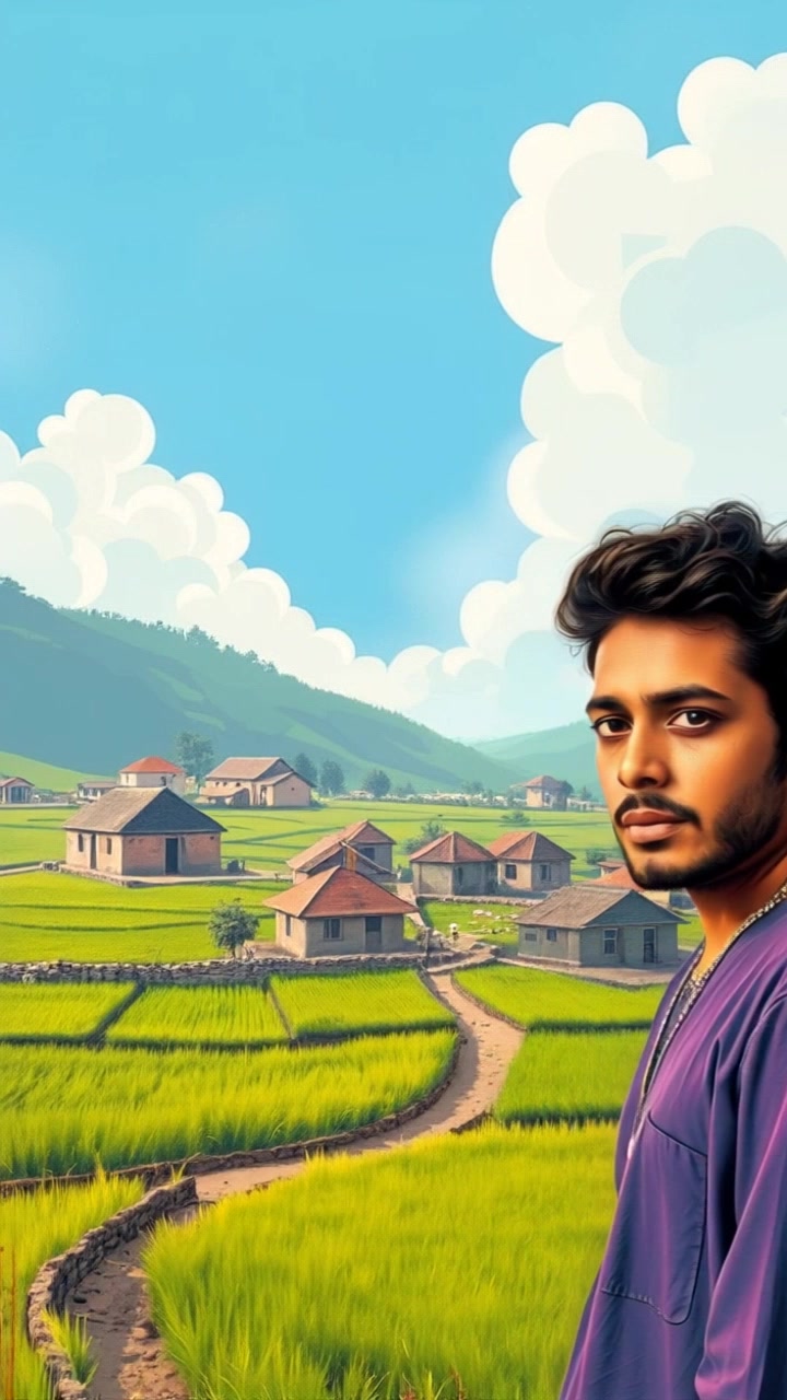 A small rural village in India with lush green fields, simple houses, and a clear blue sky, reflecting the essence of Raj's life story.