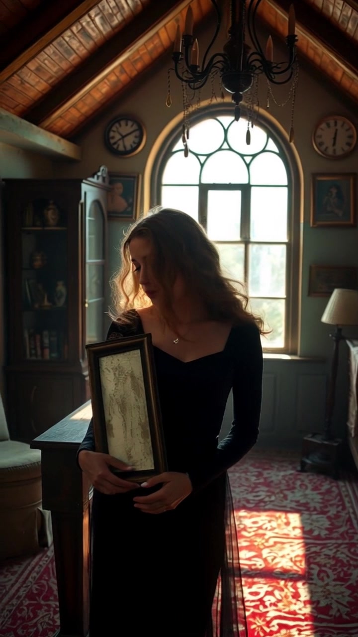 Subject: A girl standing in a sunlit attic, holding a dusty mirror. Subject movement: She turns slowly, examining her reflection, dust motes swirling gently in the light. Scene: An old attic filled with vintage furniture and beams of sunlight filtering through the window. Style: Warm, golden-hour lighting glowing softly against the rustic backdrop. Motion: The camera follows her movement in a smooth, handheld tracking shot, capturing the intricate details of the attic and the shimmering dust around her.