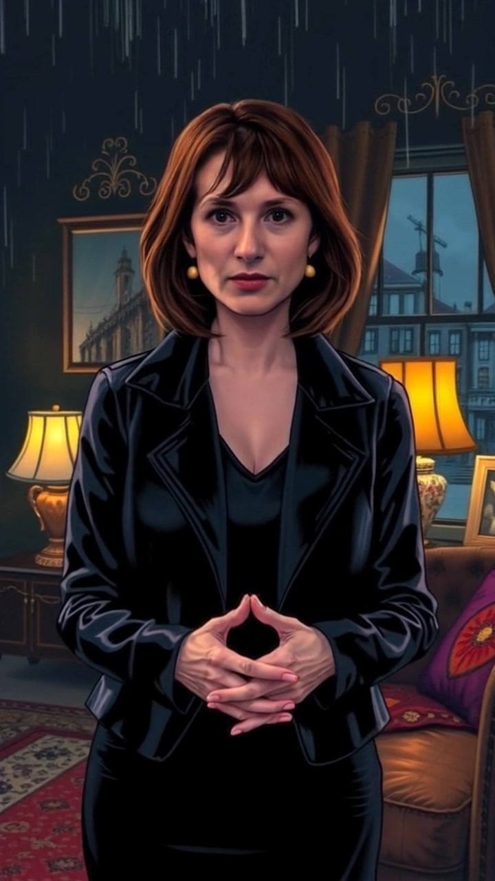 Subject: A woman standing anxiously in her living room, hands clasped tightly. Scene: A cozy living room filled with soft furniture and ambient lighting, the walls adorned with family pictures and a warm color palette. Motion: The camera gently pushes in to capture the subtle tension in her posture, interspersed with close-ups that highlight the anxious expression on her face, creating an intimate and emotional atmosphere.