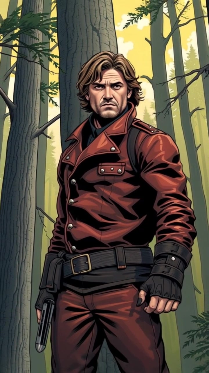 Subject: Malakai, dressed in a rugged leather outfit, stands resolutely in a dense forest surrounded by towering trees. Subject movement: He shifts his weight slightly as he gazes intently into the distance, creating a sense of readiness. Scene: Dense forest with dappled sunlight filtering through the leaves, highlighting the vibrant greens and browns of the surroundings. Style: Soft, natural lighting creates a serene atmosphere. Motion: Camera moves in slowly, framing Malakai in close-up, then pulls back to reveal the vastness of the forest around him.