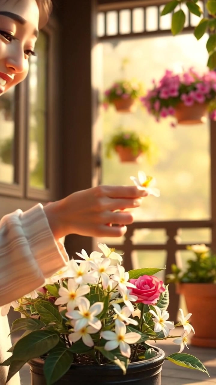 Close-up of jasmine flowers growing in a pot on Loli's porch.