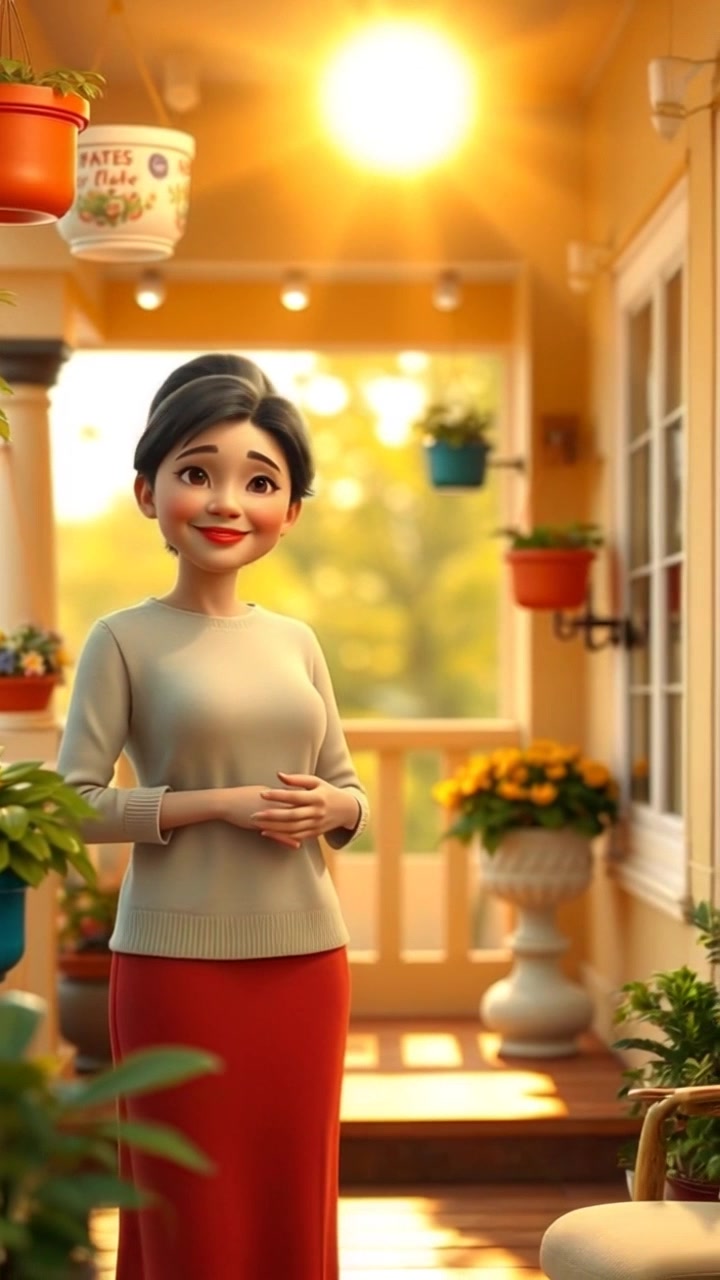 The bright sun shining over Loli's front porch, casting warm light.