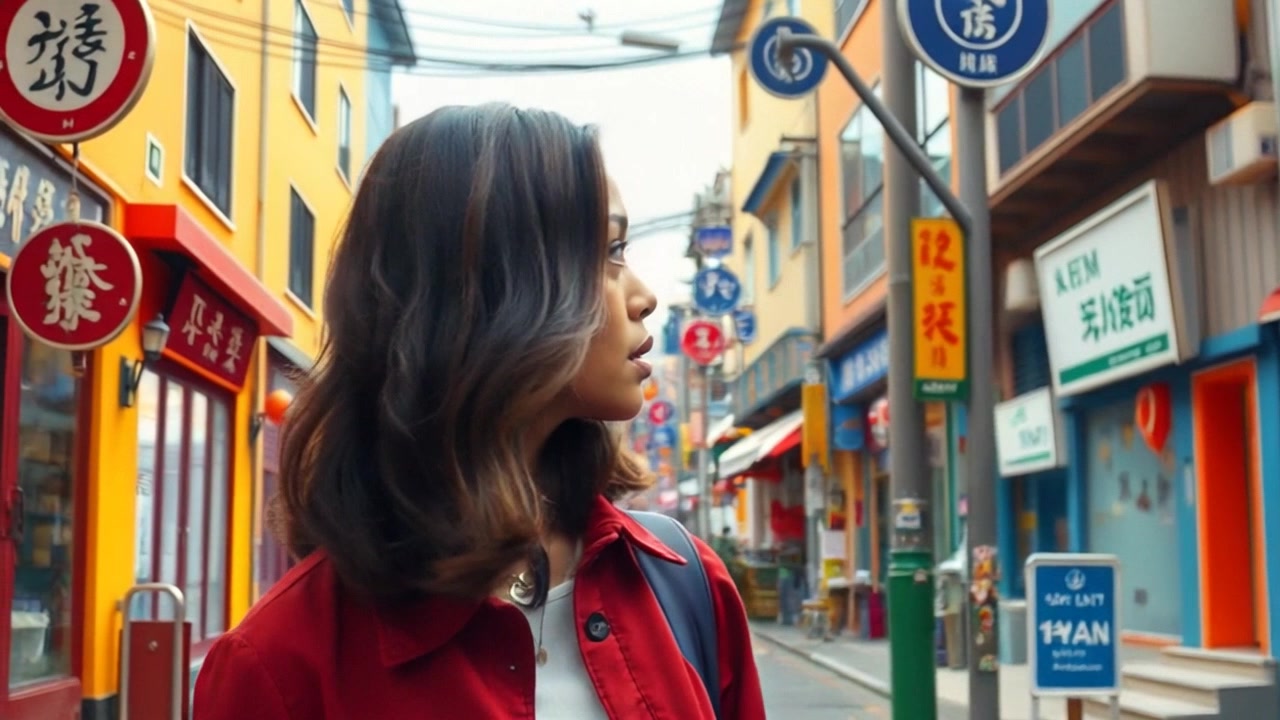 Subject: A woman standing alone on a bustling street in Taiwan. Subject movement: She gazes around, taking in the unfamiliar surroundings with a subtle shift in body language. Scene: Vibrant street scene filled with colorful storefronts and tantalizing street food stalls, bustling with activity. Style: Late afternoon light casting dynamic shadows and illuminating the vivid colors of the urban landscape. Motion: The camera moves in a slow, steady approach from behind, capturing her contemplative demeanor as she navigates through the lively atmosphere.