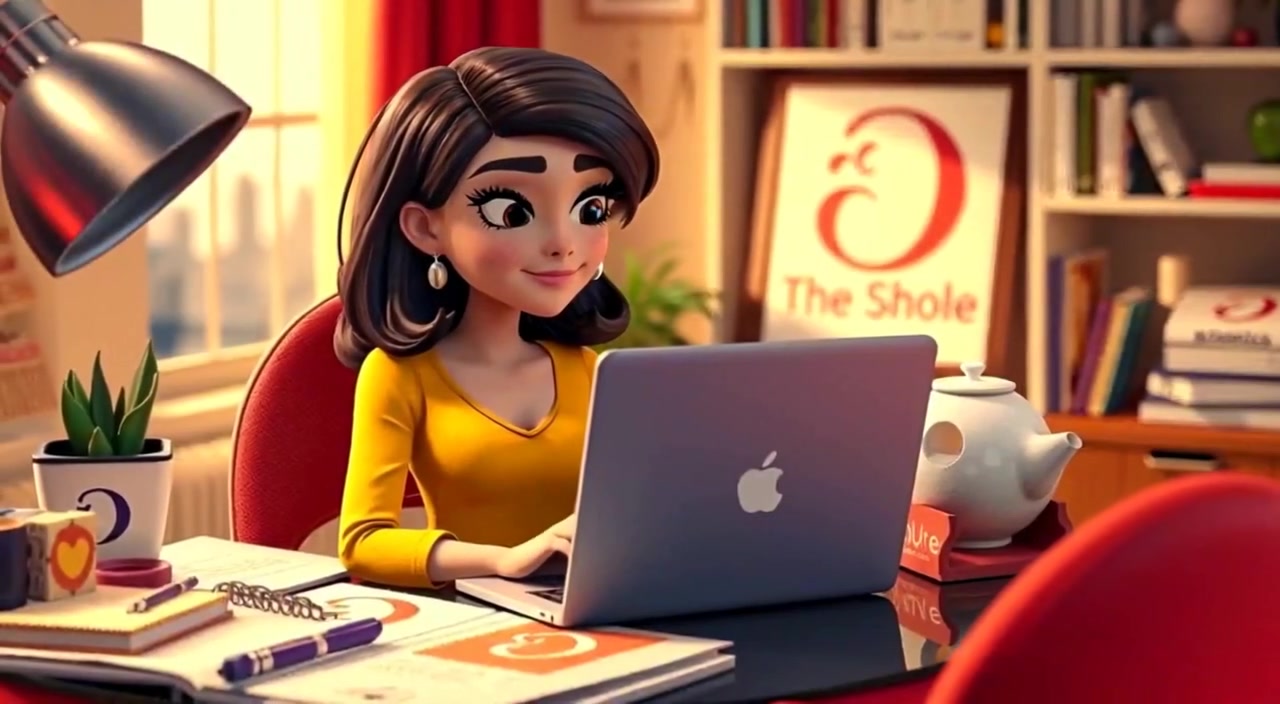 The woman thoughtfully types on her laptop, surrounded by colorful sketches and brand materials on her stylish desk.
