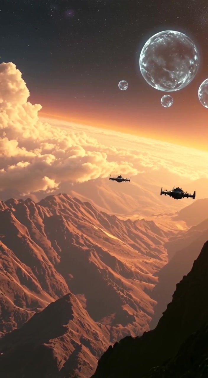 A gentle breeze moves the clouds over a majestic mountain landscape, revealing valleys bathed in soft sunlight.
