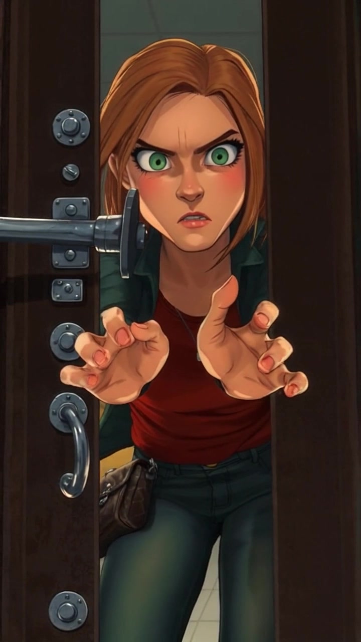 A close-up of a heavy, locked door with rusted metal and Sarah's desperate hands pushing against it.
