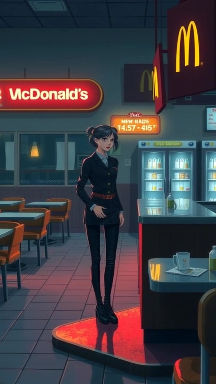 Sarah standing alone at the counter, looking around nervously in the darkened restaurant.