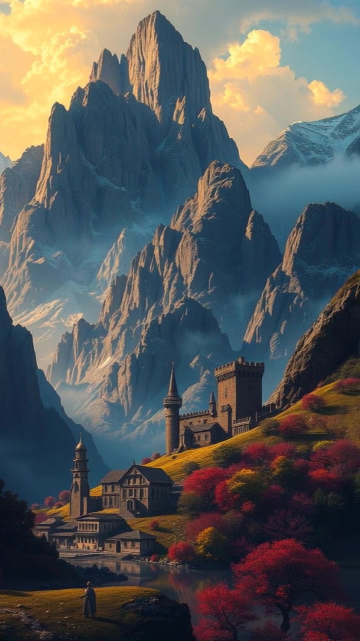 Village by the Dark Mountain and Flowing River