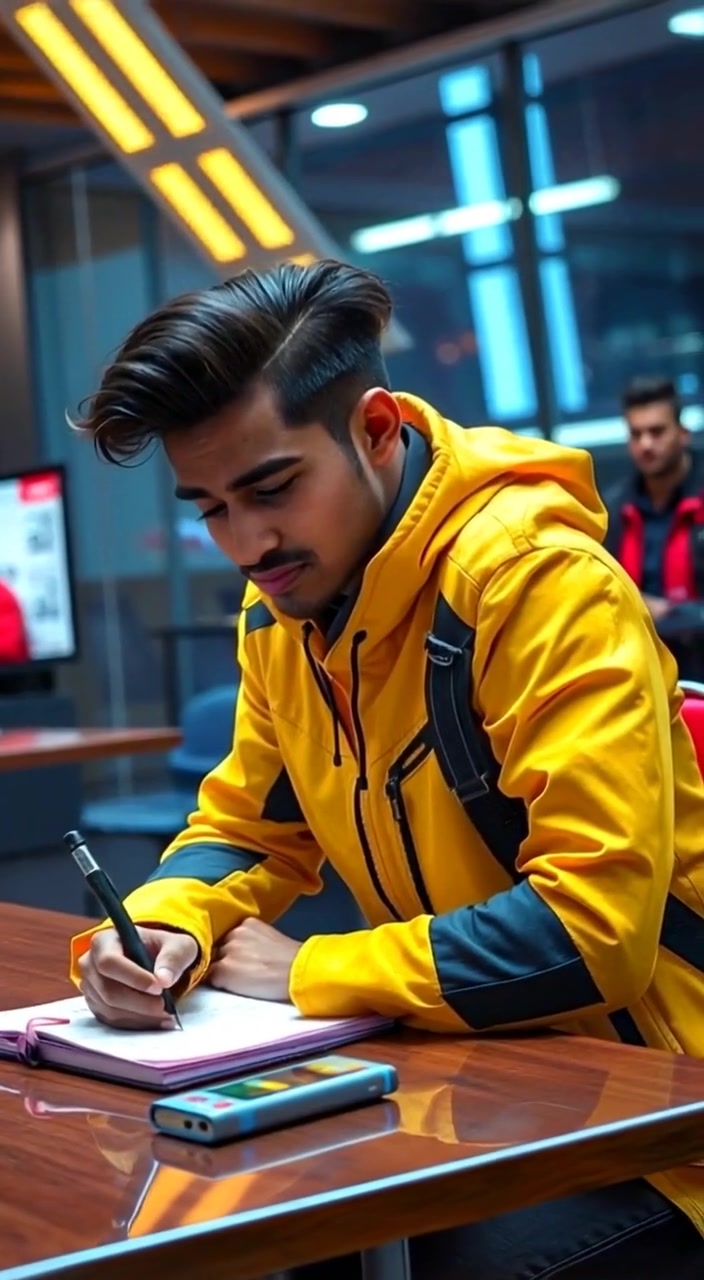 The student writes intently in a notebook, the pen gliding smoothly across the page.