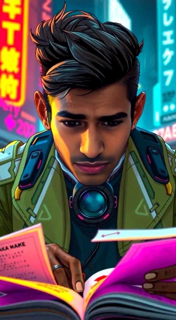 The boy stares intently at his notes, occasionally glancing at a book, lost in thought.