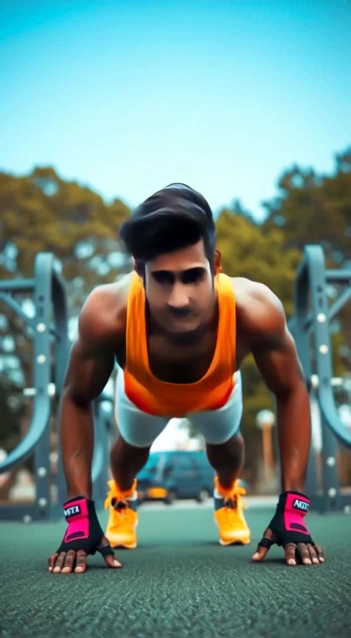 The man performs push-ups steadily in the outdoors, surrounded by trees under a clear blue sky.