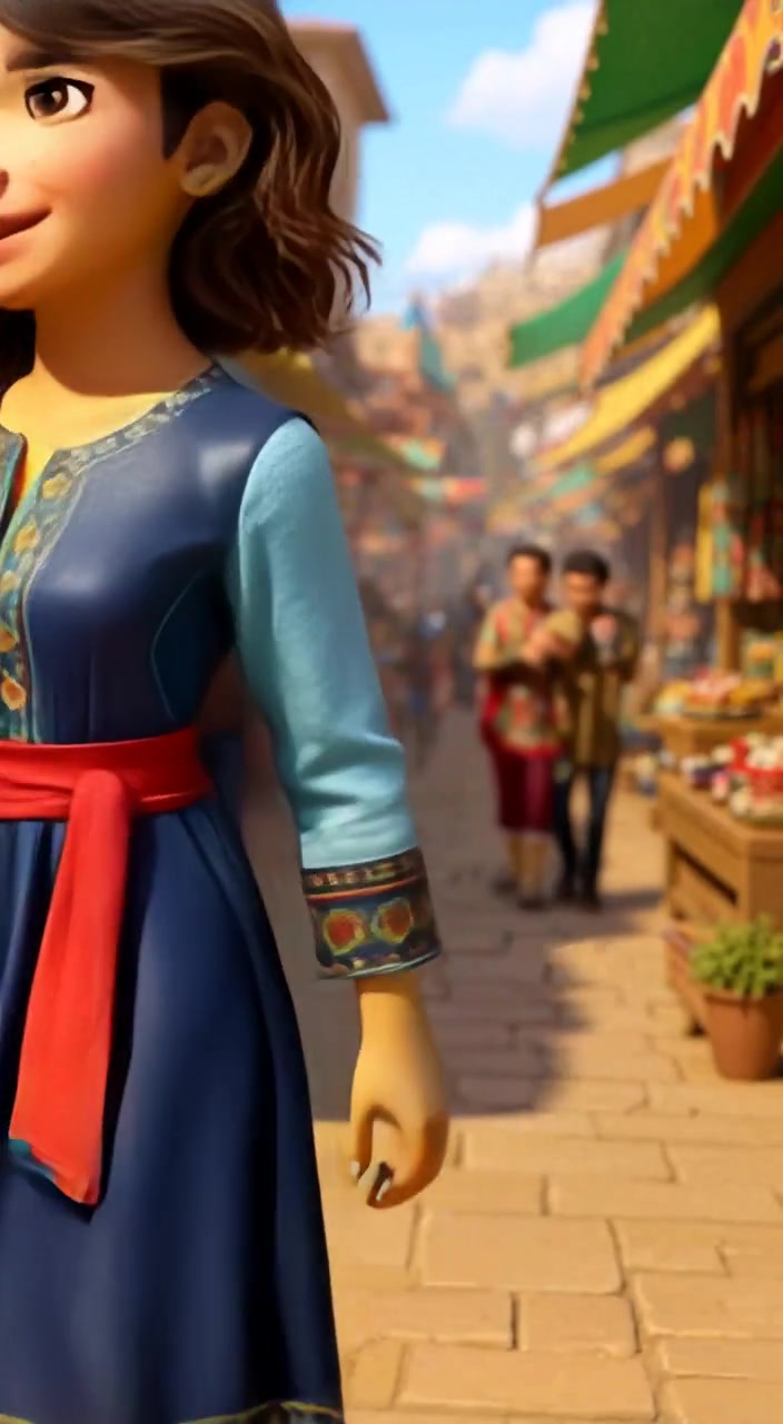 The girl gently weaves through vibrant bazaar stalls, holding a small microphone and taking in the bustling atmosphere.