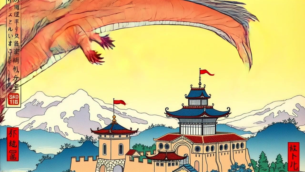 Firo, the dragon, gracefully swoops down over the towering castle, revealing Raja Berdrakia in the courtyard below. The camera smoothly follows Firo's majestic flight, capturing the grandeur of the castle's architecture. Aerial shot with a slow pan, highlighting the dragon's majestic movements and the castle's imposing presence. Dusk lighting and a mysterious atmosphere enhance the mythical feel of the scene.