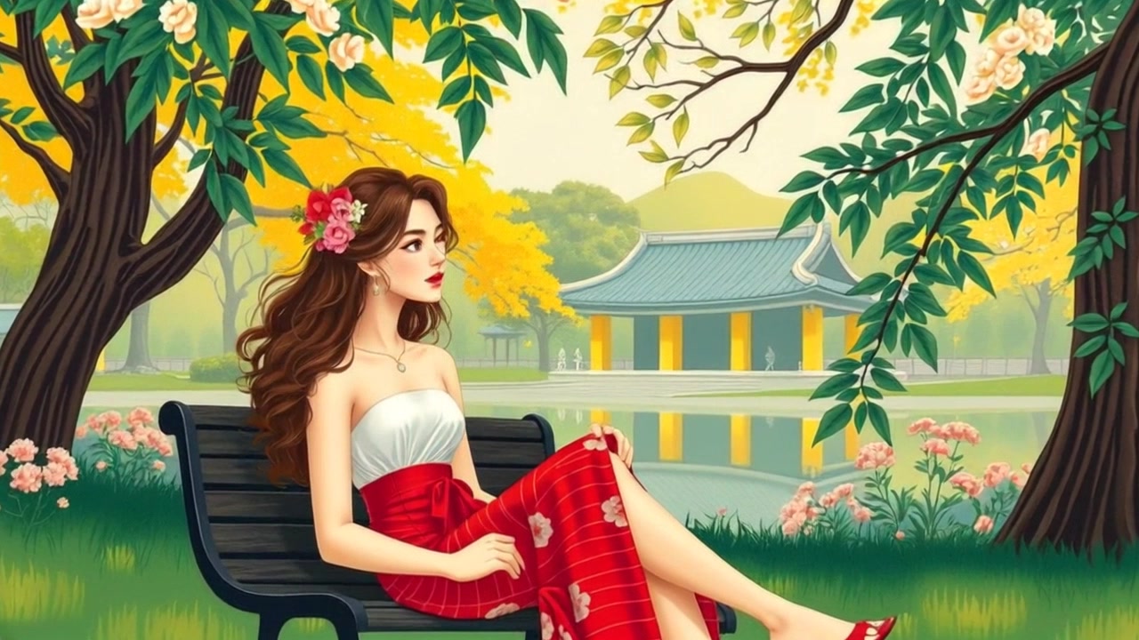 Dan Putri Kakey sits elegantly on a bench in a scenic park with lush greenery. Slowly push in towards Dan Putri Kakey to capture her graceful demeanor against the peaceful backdrop. Soft ambient lighting creates a serene and tranquil atmosphere.