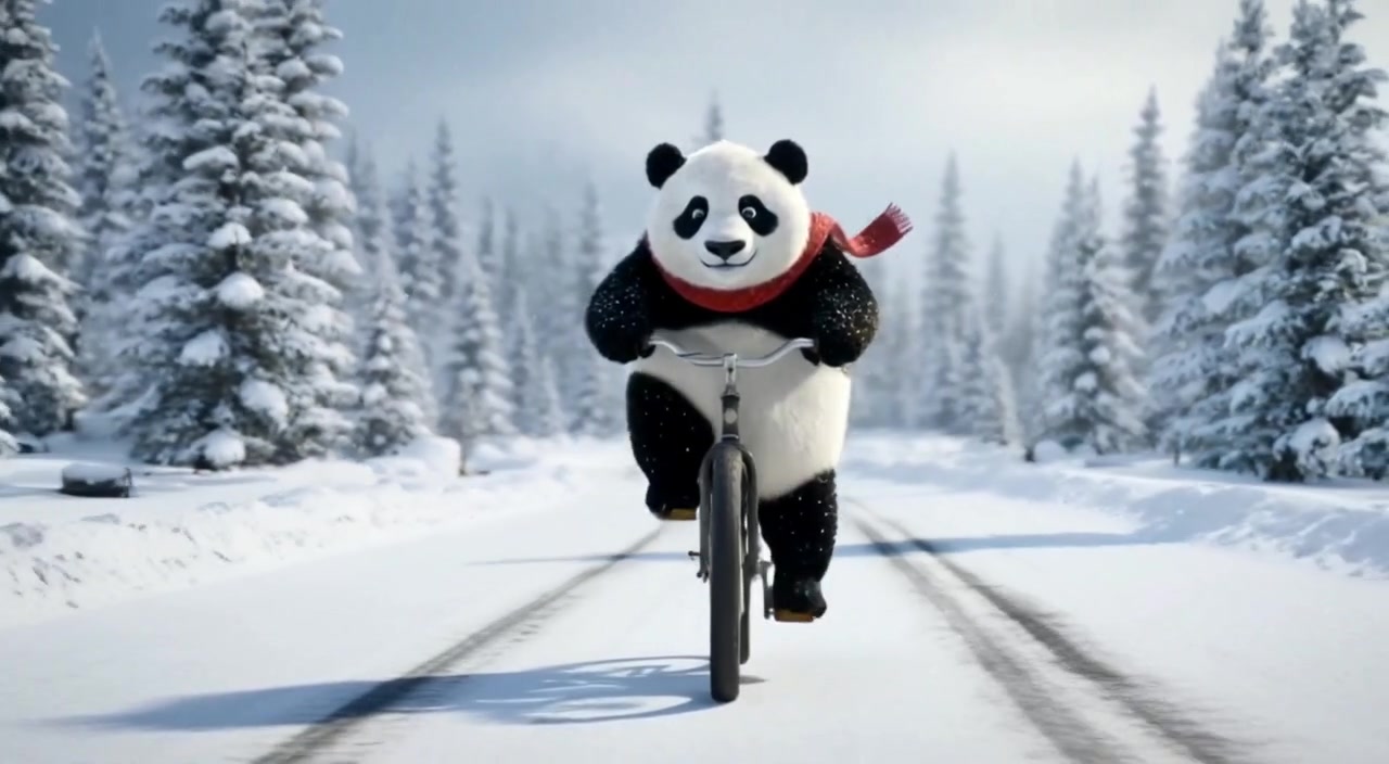Panda confidently riding a bicycle along a scenic path through a forest with trees in the background.