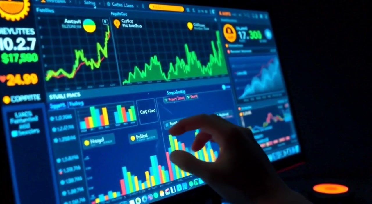 A hand gently hovers over a mouse, ready to click on complex data graphs displayed on the screen.
